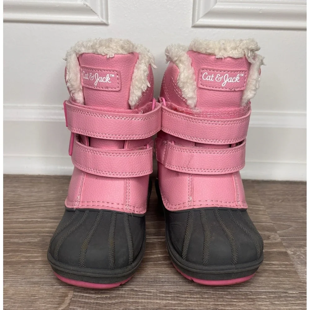 Cat & Jack Girls Pink Black Faux‎ Fur Lined Winter Snow Duck Boots Size 10
